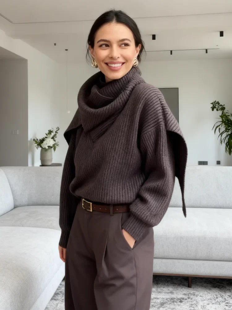 Col roulé uni en maille court pull femme chic col écharpe manches longues ample chaud pull 2026 Dame Quotidien Street Pulls