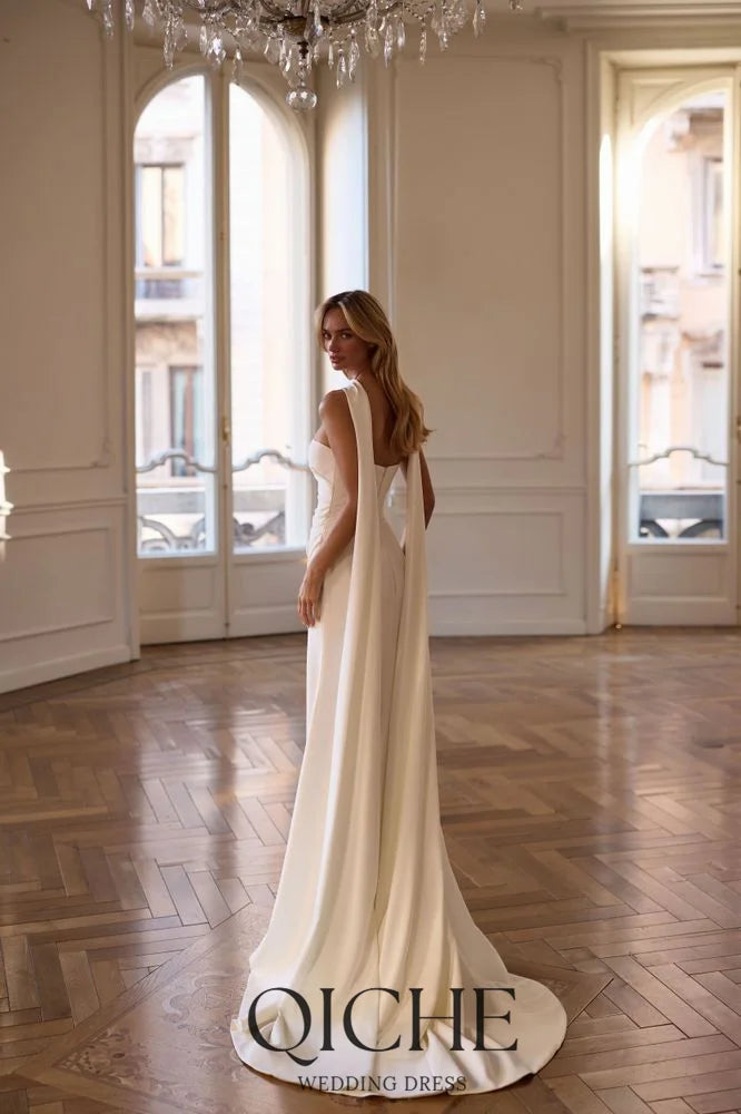 QICHE Pleat Elegant Satin Bride Gowns Strapless Mermaid Side Split Sexy Ivory Wedding Party Dresses Sweep Train Customized