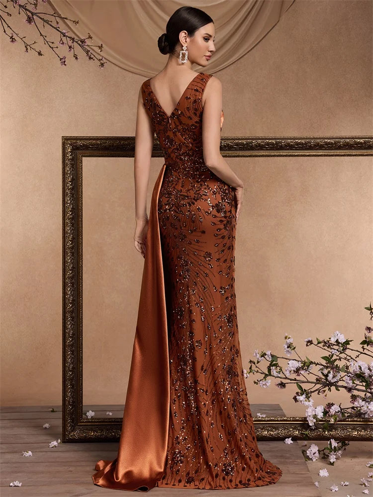 Elegant V-neck Splice Ribbons Sequins Evening Dresses Woman Sleeveless Mermaid Formal Luxury Wedding Party Prom