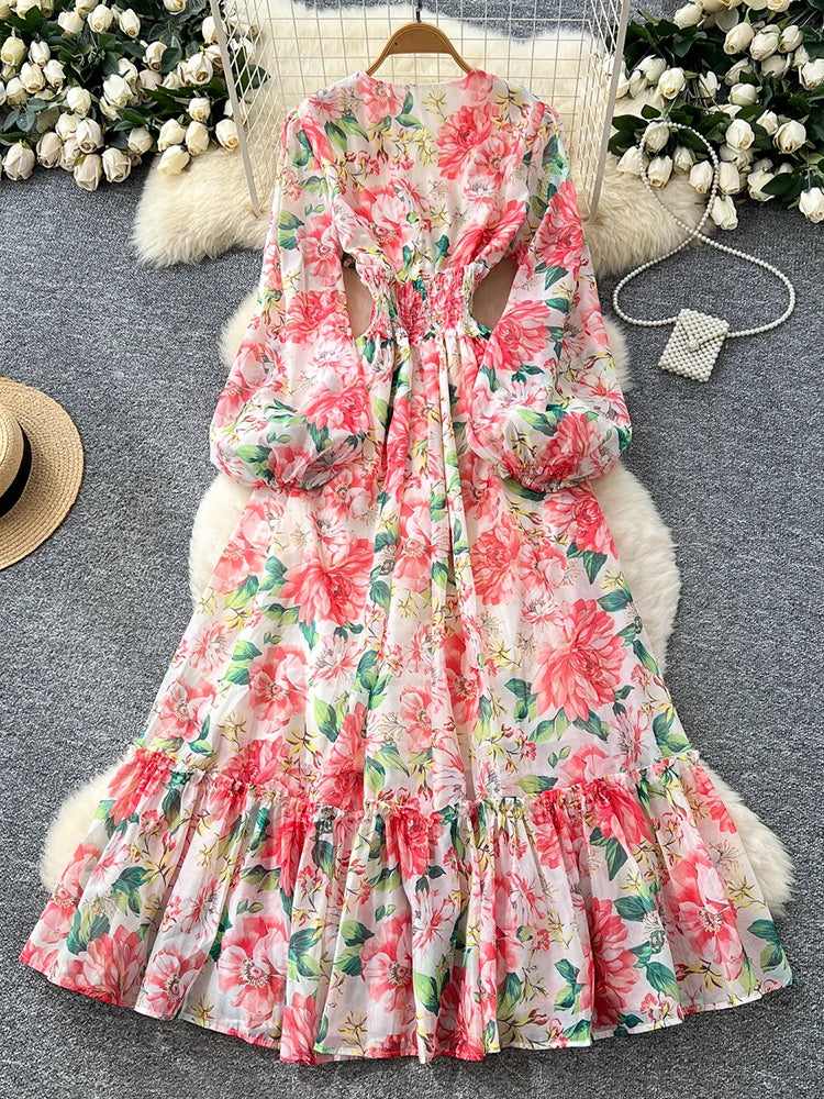 Robe longue en mousseline de soie à col en V et manches lanternes, style français, printemps automne, taille élastique et ourlet à volants L8